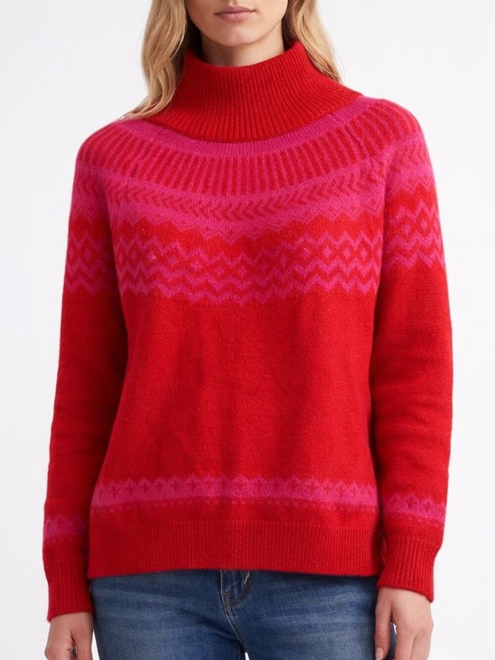 Ann Taylor Red Sweater with Pink Yoke Pattern